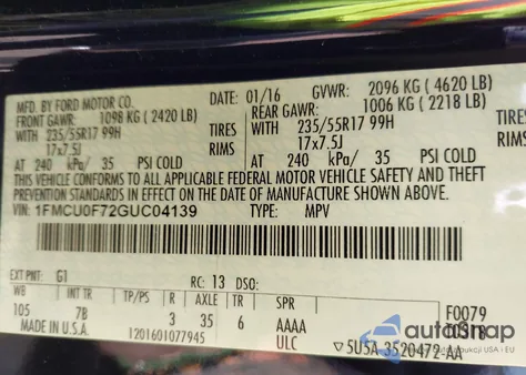 2016 Ford Escape S из США, поврежденный, VIN 1FMCU0F72GUC04139